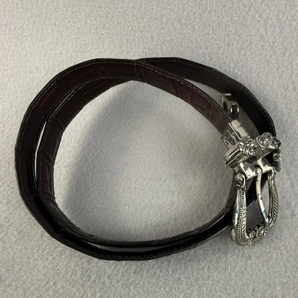 Brighton Belt Size 36 Alligator Embossed Brown Leather Skinny Belt‎ Silver Heart